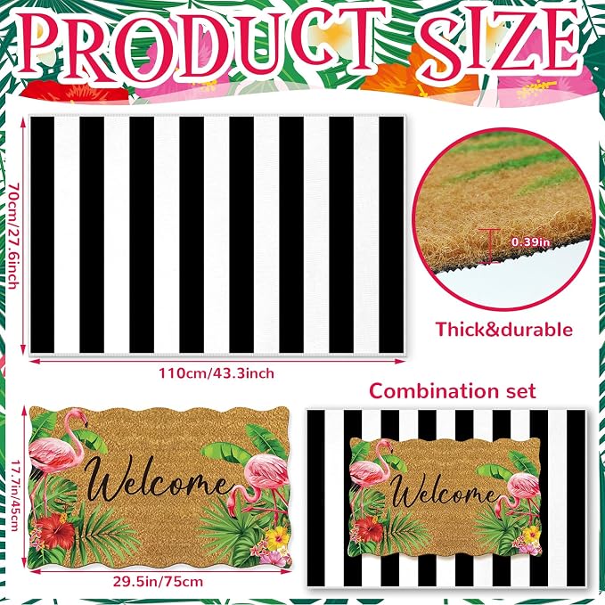 Fourluoo 2 Piece Summer Door Mat Combo Set 100% Coco Coir Tropical Flamingo Welcome Mat and 28 x 40 Inch Black White Striped Rug Layering Front Door Rug for Entrance Front Porch Outdoor Decor Gifts