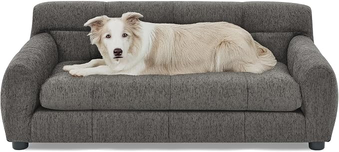 Dog Couch Bed with Backrest and Armrest, Durable Pet Sofa with Upholstered Foam Cushion, Elevated Dog Couch Bed with Legs for Medium Dogs, Stone Grey