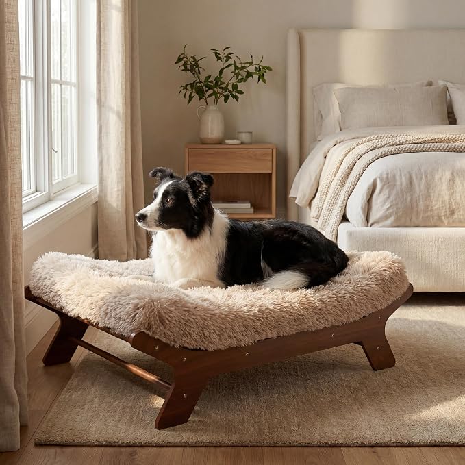 Muihood Elevated Wooden Dog Bed with Foam Mattress, Walnut, Large | Raised Dog Bed with Washable Cover, Supportive Foam Mattress, Perfect for Large Dogs and Indoor Living