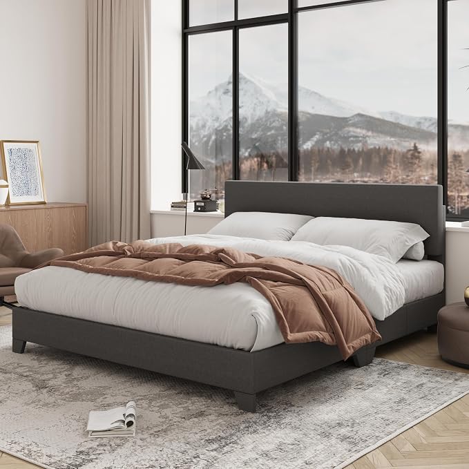 Allewie Full Size Upholstered Bed Frame Adjustable Headboard, Dark Grey | Platform Bed with Heavy Duty Mattress Foundation, Noise-Free, Easy Assembly, Wood Slat Support, No Box Spring Needed