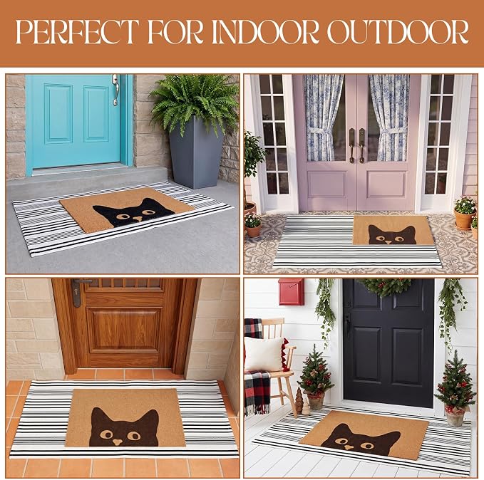 2 Pcs Outdoor Door Mat Combo Set Layered Outdoor Rug and Coir Welcome Doormat Non Slip Outside Floor Mat for Front Porch Entryway Patio Yard Decor(Cat,24'' X 51',18'' X 28'')