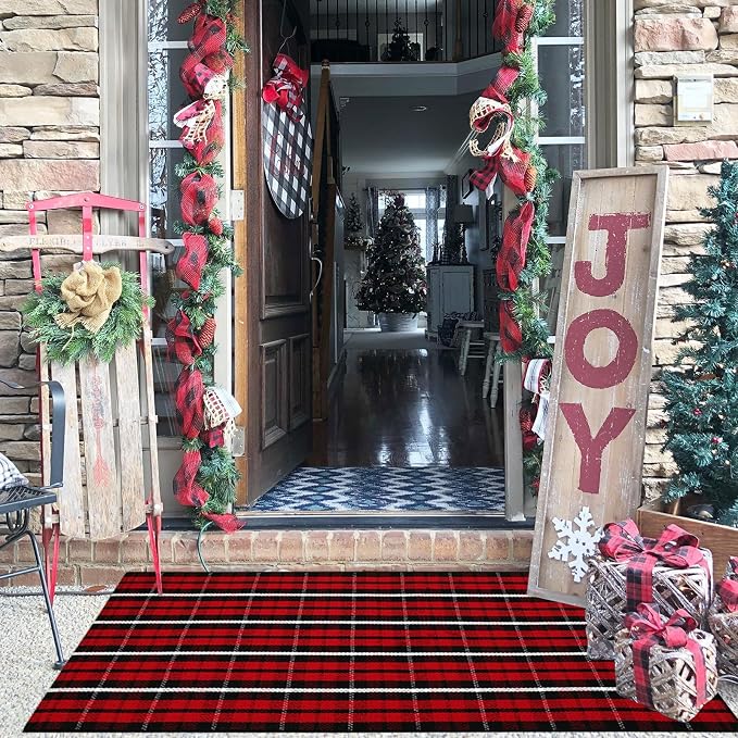 Bottalive Christmas Plaid Outdoor Rug, 2' x 4'3'' Red & Black Check Indoor/Outdoor Area Rug, Layering Rug for Hello/Welcome Door Mat, Machine Washable Cotton Woven Farmhouse Mat for Front Porch Décor