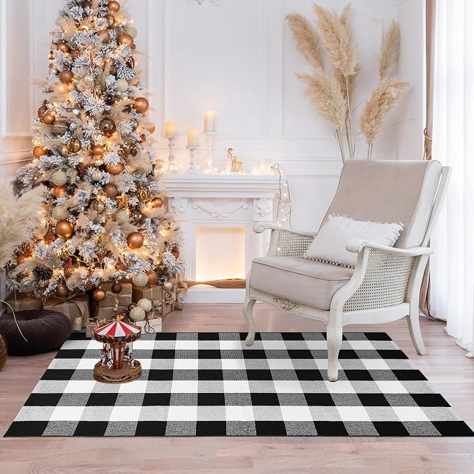 Buffalo Plaid Rug 3x5 Cotton Woven Buffalo Check Rug Black and White Checkered Outdoor Rug Washable Indoor Outdoor Area Rug Layered Front Door Mats Carpet for Farmhouse Entryway Living Room Bedroom