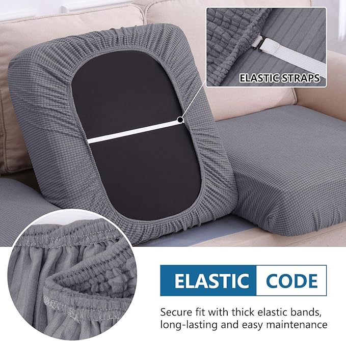hyha Waterproof Couch Cushion Covers, Washable Sofa Cushion Slipcovers, Thick Stretch Jacquard Fabric, Couch Sofa Covers for Pets with Elastic Bottom (3 Pieces, Middle Grey)