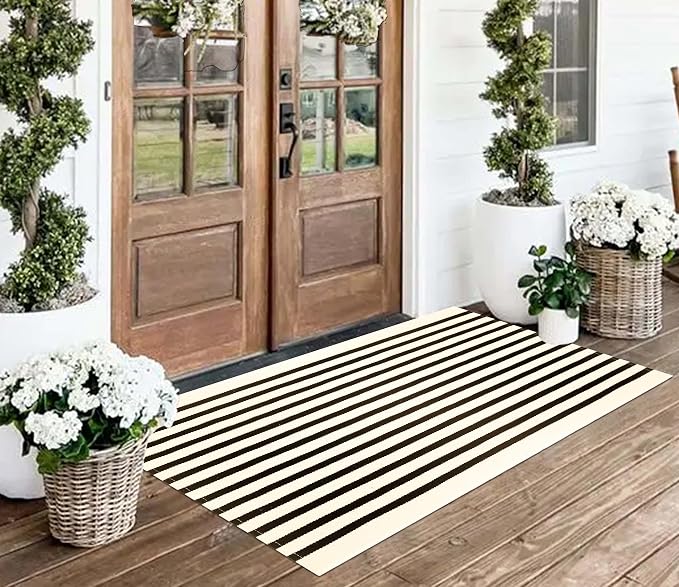 Striped Outdoor Rug 24"x51",Black and Beige Front Door Mat Cotton Woven Washable Farmhouse Layered Door Mats Throw Rugs for Porch/Bedroom/Home Entrance Decor