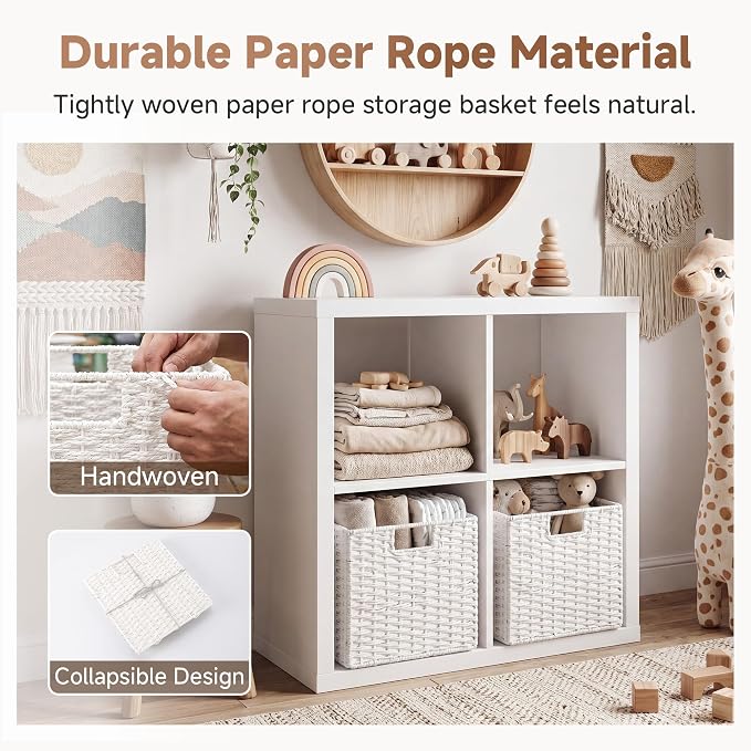 StorageWorks 11 inch Cube Storage Bin,White Storage Cubes,Wicker Baskets | 2-Pack,Handwoven Paper Rope White Wicker Baskets,Wicker Storage Cubes with Handles,Foldable Square Baskets for Organizing