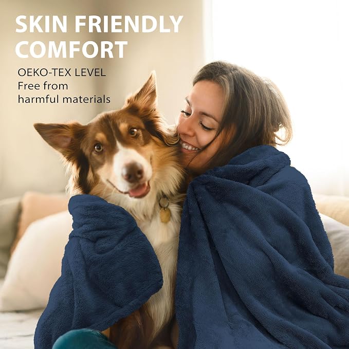 DEZ FURNISHINGS Ultra Soft Plush Fleece Throw Blanket, Double Sided Cozy Thick Warm Blanket for Sofa & Bed, Queen (90" x 92"), Navy Blue