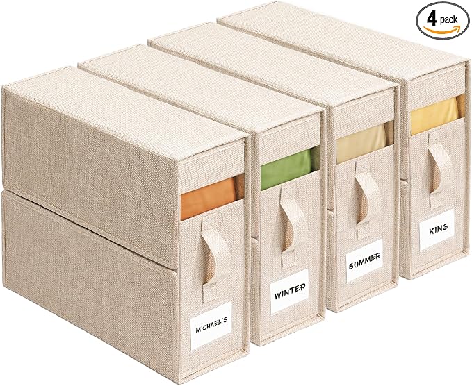Sheet Organizers and Storage for Linen Closet, 4Pack Beige | 1200D Linen-Type Cloth, Fits King and Queen Sheet Sets, Clear Window and Label Slot, Foldable Dustproof Storage with Handle