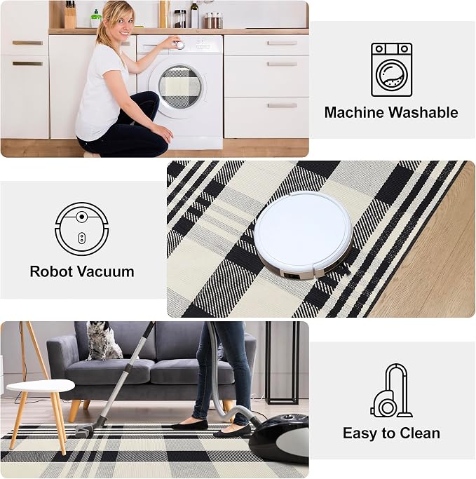 Buffalo Plaid Rug 8x10 Feet Cotton Woven Buffalo Check Area Rug Black and Off White Checkered Outdoor Washable Indoor Outdoor Carpets for Living Room Bedroom Farmhouse Patio