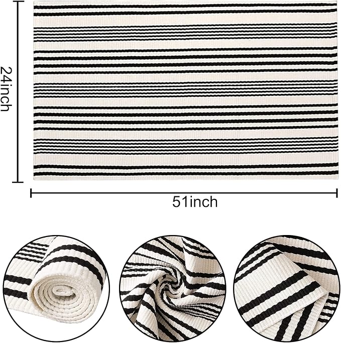 Black and White Striped Outdoor Rug 24'' x 51''Farmhouse Front Porch Rug Hand-Woven Machine Washable Layered Door Mats for Entryway/Bedroom/Patio/Porch Decor