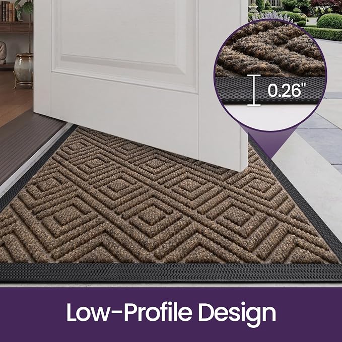 DEXI Front Door Mat Outside Entrance, Heavy Duty Entry Doormat Dirt Trapper with Rubber Back, Non Slip Low Profile Welcome Floor Mats for Entryway Exterior Patio, 32x48, Checkered Brown