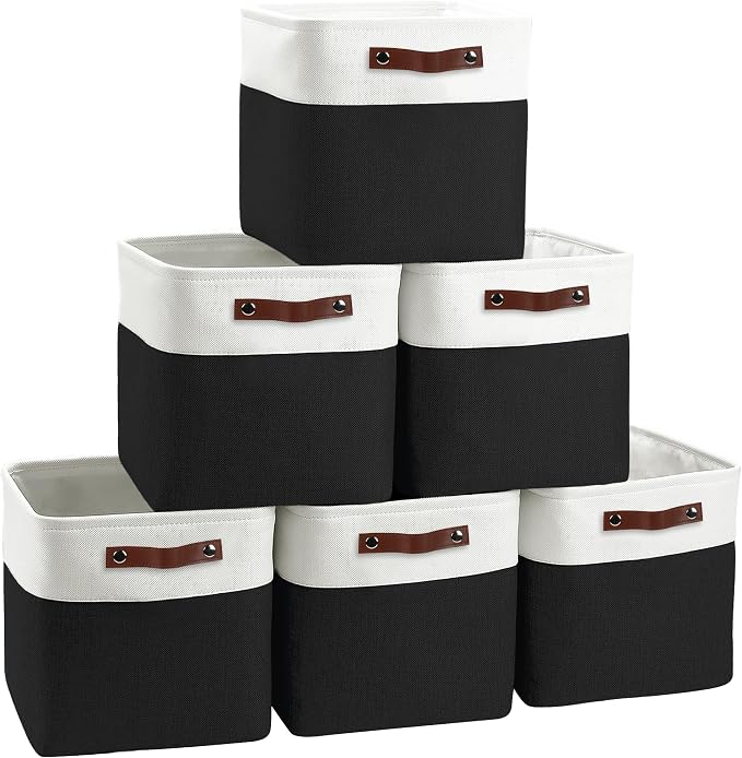 FinishingBo 11 inch Cube Storage Bin 6 Pack, Cube Organizer Bins | Fabric Storage Bins With Handles, 11x11 Storage Cubes, Shelf Basket, White/ Black