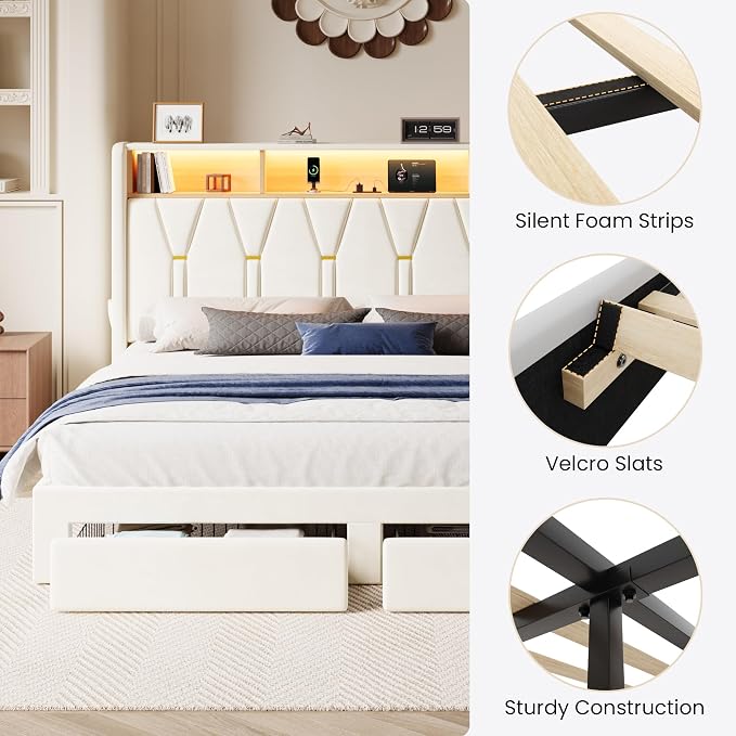 SHA CERLIN Velvet King Platform Bed Frame with 2 Storage Drawers, LED Storage Headboard with Charging Station, Wingback Upholstered, Noise Free, No Box Spring Needed, Easy Assembly, White