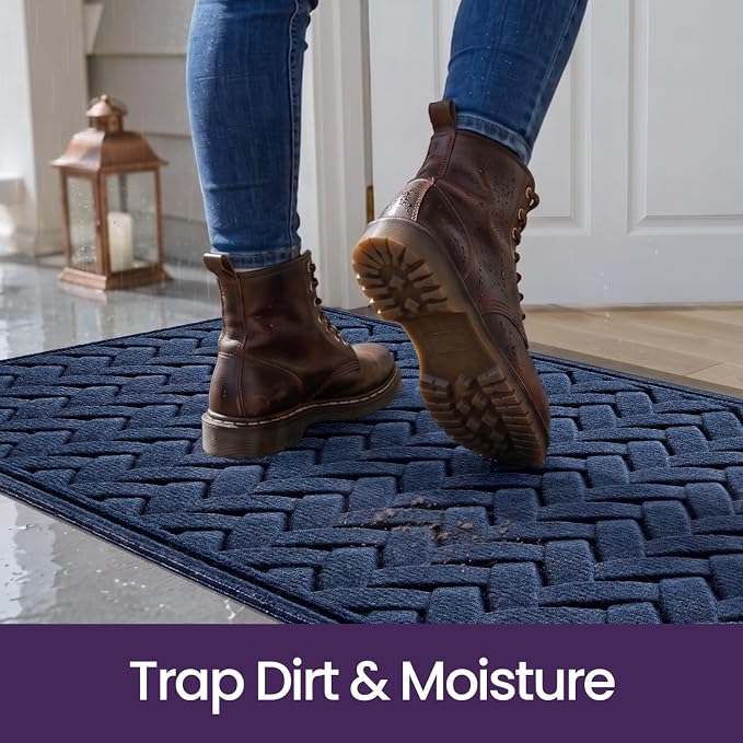 DEXI Front Door Mat Outside Entrance, 2x4 Heavy Duty Entry Doormat Dirt Trapper with Rubber Back, Non Slip Low Profile Floor Mats for Entryway Exterior Patio, Wave Navy