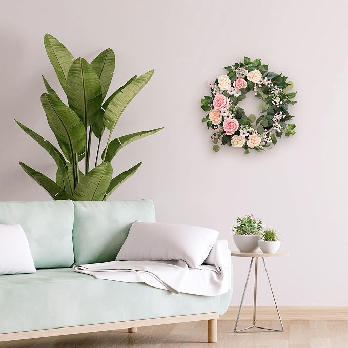 24" Artificial Rose,Camellia,babysbreath Floral Spring Wreath with Green Leaves
