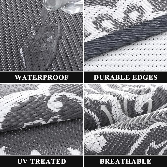 Pauwer Outdoor Rug 10x14, Waterproof Plastic Straw Camping Rug, Boho Grey | Reversible Patio Rug, UV Resistant Indoor Outdoor RV Mat Carpet For Deck, Camper, Porch, Balcony, Backyard, Picnic, Foldable