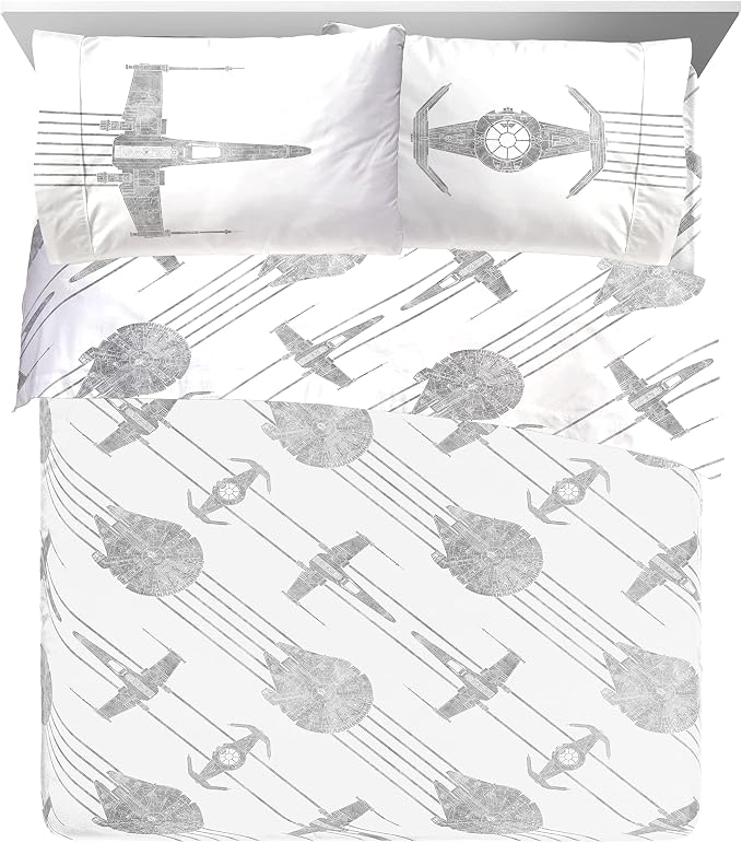 Star Wars Queen Comforter Set 7 Piece Soft Bedding for Boys, White | Millennium Falcon, Comforter Sheets Shams Pillowcases, Official Product, Soft Microfiber, Machine Washable, Boys Gift
