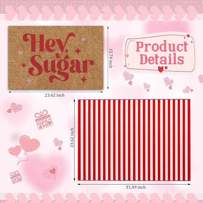 2 Pcs Hey Sugar Door Mat, Valentine Door Mat Valentines Day Welcome Mat Non Slip Coir Doormat Red and White Striped Mat Layering Doormats for Home Bathroom Front Porch Entryway Decor 24"x 32"