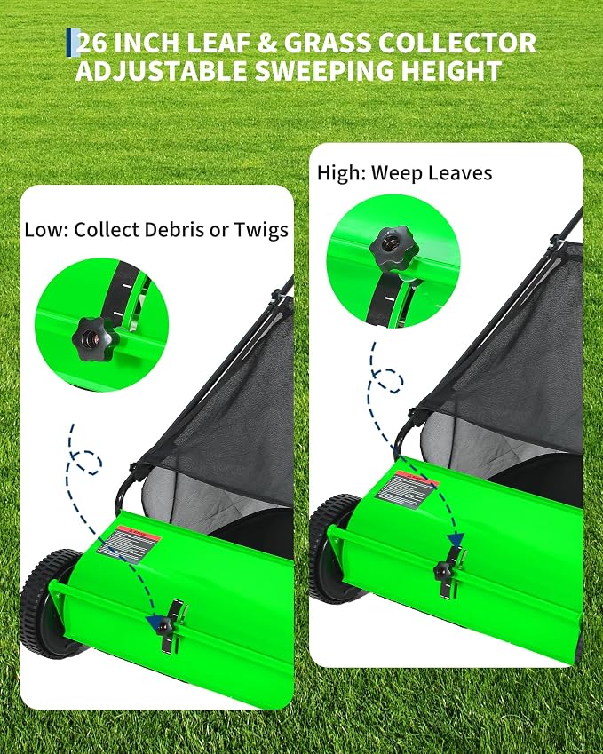26 Inch Push Lawn Sweeper, 7 Cu.ft Large Capacity Leaf Collector with 4 Spinning Brushes, Adjustable Height Heavy Duty Steel Frame Lawn Sweeper with Rubber Wheels for Yard Garden Grass Leaves Debris