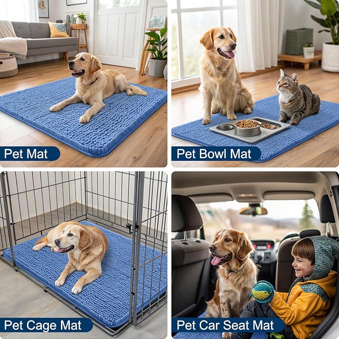 Smiry Dog Door Mat for Muddy Paws 48x30, Absorbent Dirt Trapper, Non-Slip Washable Chenille Entryway Rug for Inside Floor, Cornflower Blue, Classic Solid