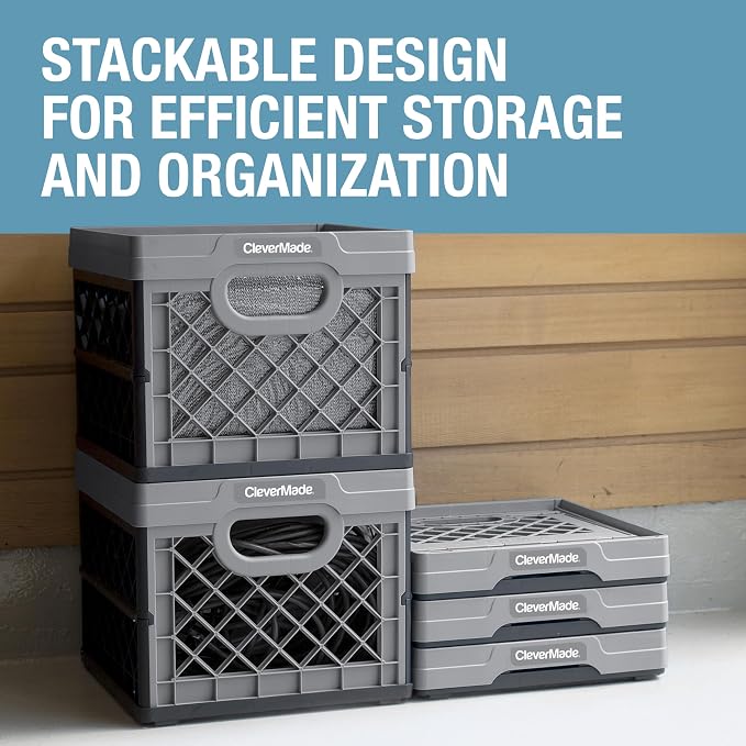 CleverMade Collapsible Milk Crate, 25L, 3 Pack, Stone | Built-in rails hold letter-size hanging files. Interlocking crates stack open or folded and carry up to 50 lb each.