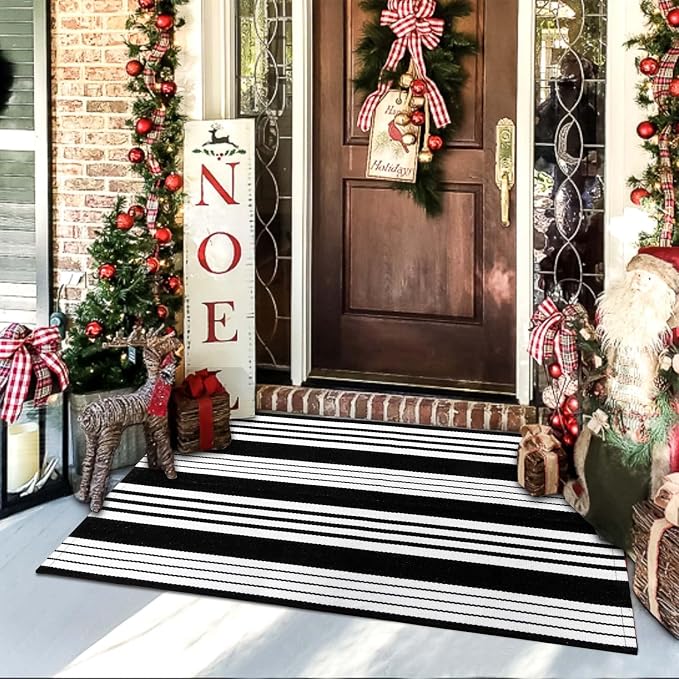 OJIA Black and White Striped Outdoor Rug 24"x51" Front Door Mat Porch Rugs | Washable Fall Front Door Mat Outside Entrance Entry Rug Doormat Outside Cotton Woven Indoor Area Rugs for Entryway Decor