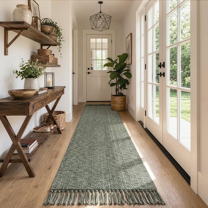 Collive Hallway Runner Rug 2.6' x 10', Boho Washable Kitchen Runner Rugs Hand Woven Bathroom Mats, Sage Green Modern Farmhouse Indoor Entry Hall Carpet for Bedroom Entrance Porch Decor