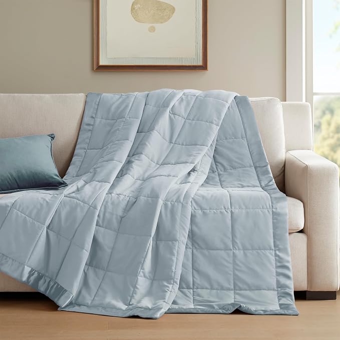 Madison Park Down Alternative Twin Size Blanket for Bed, Satin Trim, Blue | Lightweight Windom Blanket Premium 3M Scotchgard Moisture Wicking Treatment, OEKO TEX, Soft Bed Cover, All Season