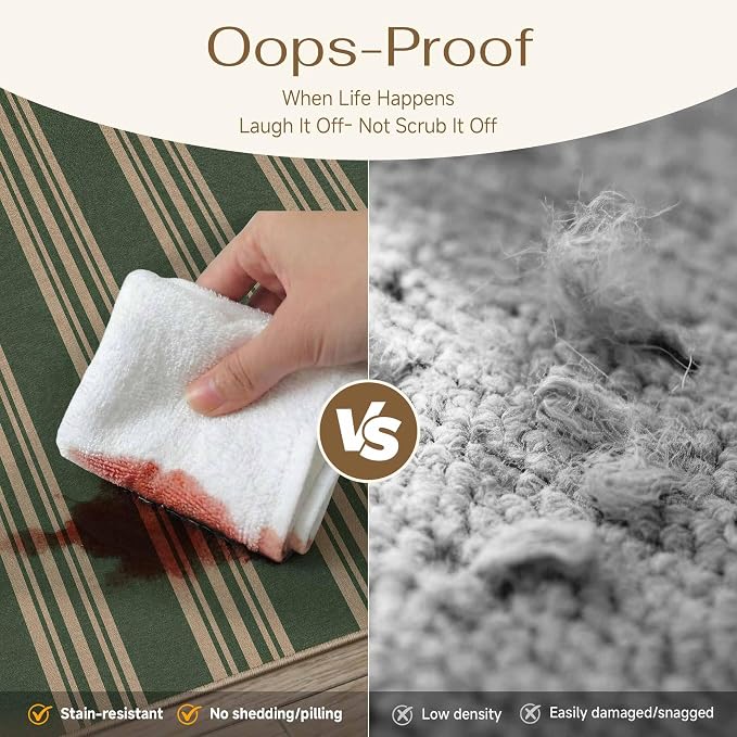 PureCozy Striped Easy Jute Rug 8x10 Green Living Room Carpet Washable Non Slip Bedroom Office Rug Farmhouse Neutral Non Shedding Indoor Outdoor Large Carpet for Kitchen Dining Room