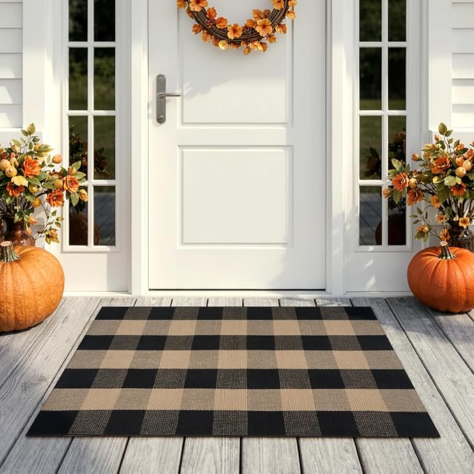 OJIA Buffalo Plaid Checkered Rug 27.5"x43" Fall Front Door Mat Welcome Mats | Washable Woven Front Porch Rug Outdoor Door Mat Welcome Mats Indoor Layered Doormats for Entryway Home Entrance Black/Tan