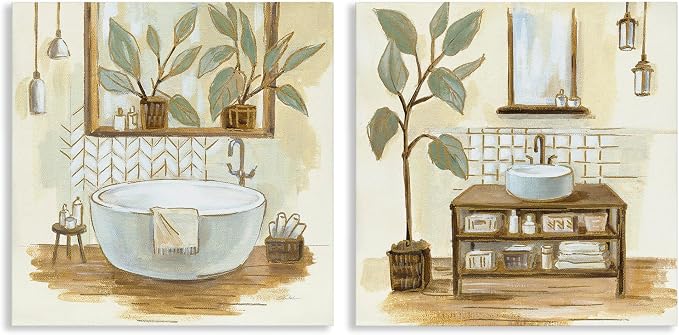 Stupell Industries Sage Green Bathroom Interiors Traditional Plants, Design by Silvia Vassileva Canvas Wall Art, 24x24, Beige