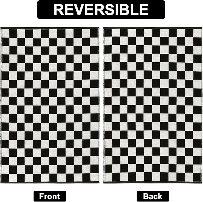 Seavish Checkerboard Rug, 2x3 Ft Black and White Checkered Outdoor Door Rug | Washable Cotton Woven Washable Outdoor Door Rugs, Reversible Floor Mat for Front Door Bedroom Entryway Kitchen