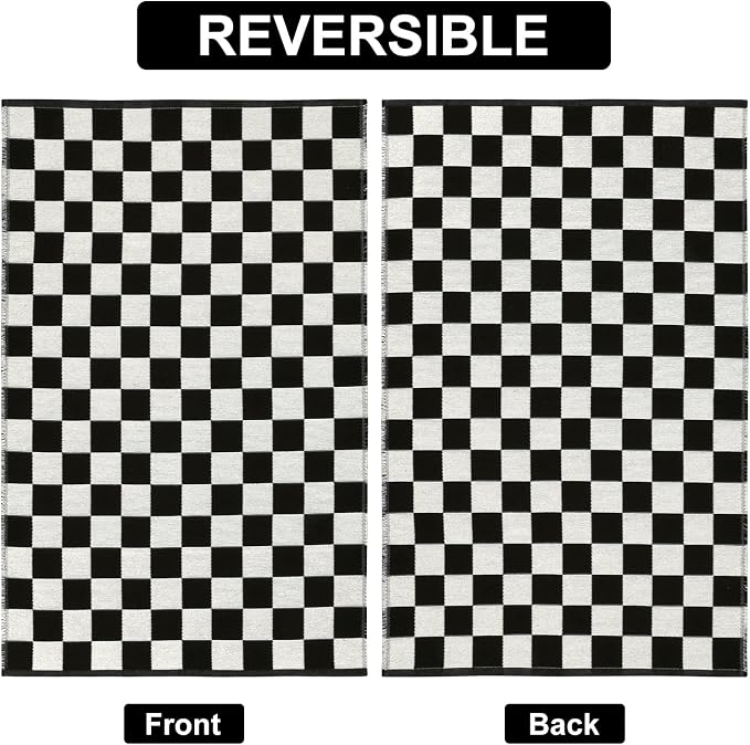 Seavish Black and White Outdoor Checkered Rug, 3x5 Layered Front Door Mat | Cotton Woven Washable Moroccan Checkerboard Rugs, Reversible Floor Mat for Bedroom Entryway Porch Patio Dorm