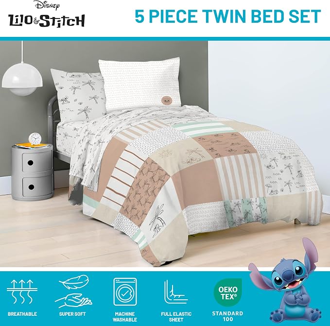 Disney Lilo and Stitch Twin Comforter Set 5 Piece Bedding for Girls, Multi | Bed in a Bag, Comforter Sheets Sham Pillowcase, Official Product, Soft Microfiber, Machine Washable, Easy Care, Girls Gift