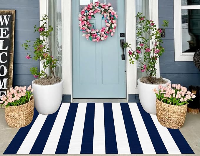 3'x5'Outdoor Rug,Striped Cotton Woven Washable Front Porch Rug Blue and White Farmhouse Entry Rug Indoor Outdoor Area Rug for Porch/Home Entrace Decor/Bedroom/Layered Door Mats