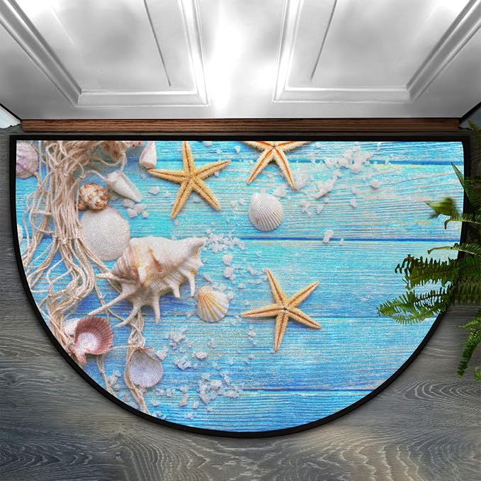 Beach Half Round Doormat Semi Circle Rug Half Moon Rug Entryway Mat | Teal Starfish Washable Non Slip Outdoor Floor Rug Kitchen Mat for Indoor Outdoor Bathroom Fireplace Bath