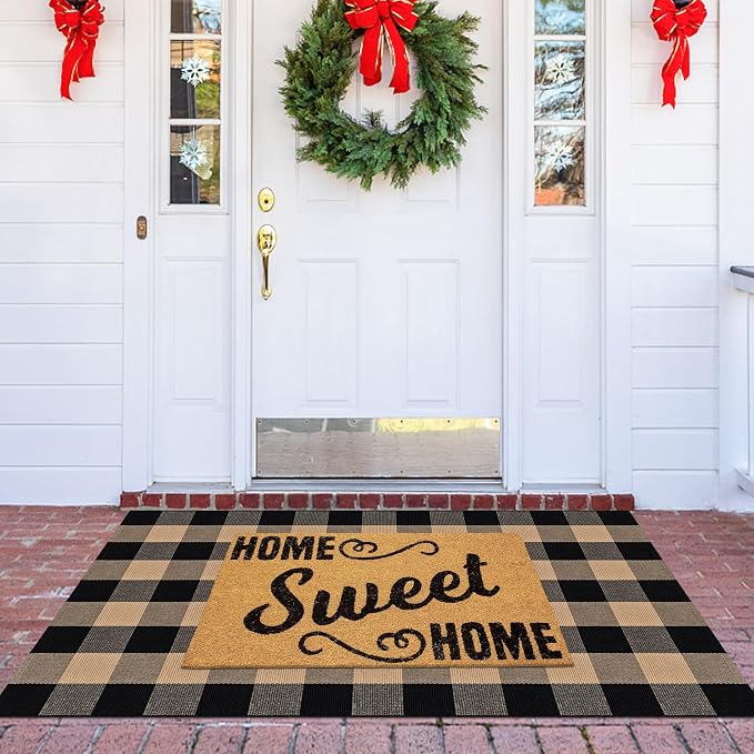 Buffalo Plaid Rug 2x3 Brown and Black Checkered Rug Grid Indoor Outdoor Doormat Porch Layering Carpet Cotton Woven Washable Area Mat for Patio Entryway Farmhouse Decor
