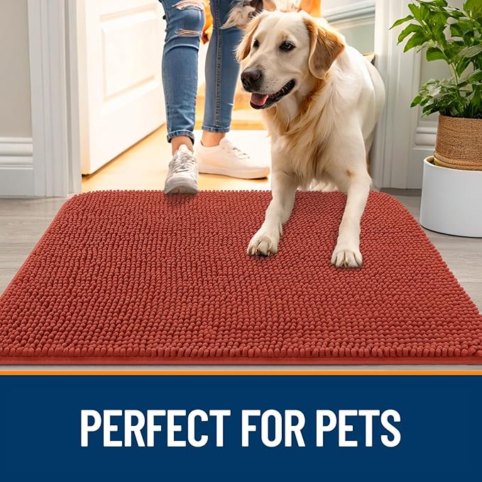 OLANLY Dog Door Mat for Muddy Paws 70x32, Absorbs Moisture and Dirt, Absorbent Non-Slip Washable Doormat, Quick Dry Chenille Mud Mat for Dogs, Entry Indoor Entryway Carpet for Inside Floor, Maple Red