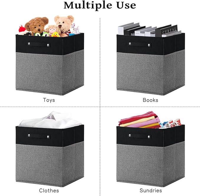 FinishingBo 13x13x13 Storage Cube Bins 6 Pack, Cube Shelf Baskets | Foldable Storage Cubes, Linen Storage Bins with Handles, Closet Organizers, Black/Gray