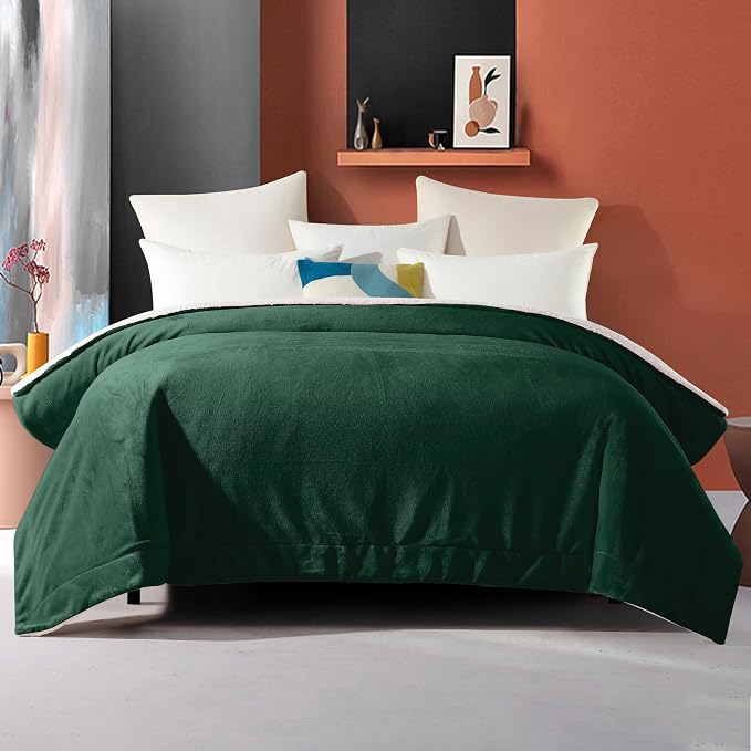 Elegant Comfort Ultra Soft Reversible Flannel Sherpa Blanket - Cozy Silky Fleece Throw for Couch, Bed - Plush Fuzzy Warm Winter Blanket for Gift, Queen, Hunter Green