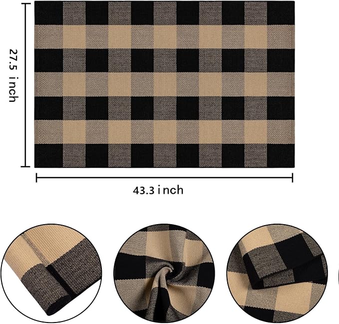 Khaki and Black Outdoor Rug 27.5''x 43.3''Checkered Layered Doormat Cotton Woven Washable Farmhouse Door Mats Outdoor for Front Porch,Entryway,Bedroom,Patio