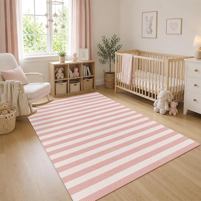 Rugalia Washable Pink Woven 5x7 Area Rug, Natural Striped Cotton Living Room Rugs Low Plie Non-Slip Outdoor Patio Rug, Modern Farmhouse Neutral Floor Carpet for Dining Room Bedroom Balcony