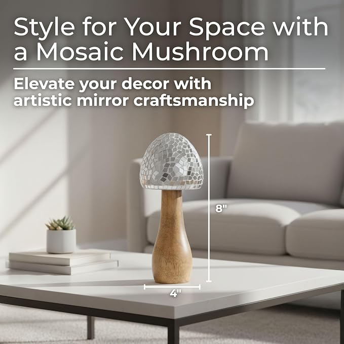 Mango Wood Mushroom Figurine Sculpture – Room Decor Accent for Shelf, Console, or Desk Placement, Boho Home Decor Mosaic Design Detail – 8", Silver and Natural Wood Finish