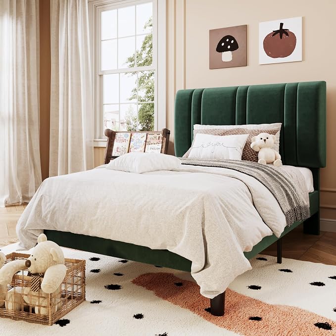 SHA CERLIN Twin Size Velvet Bed Frame with Adjustable Headboard, Green | Vertical Channel Tufted Design, Upholstered Platform Bed, Wood Slats Support/No Box Spring Needed/Easy Assembly