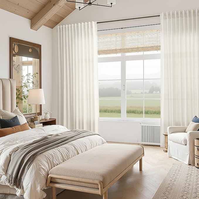 Nanspring Natural Linen Curtains for Living Room 98 Inches Long Rustic Farmhouse Decor Light Filtering Semi Sheer Curtain Back Tab and Rod Pocket Luxury Drapes for Bedroom Office 52x98, 2 Panels