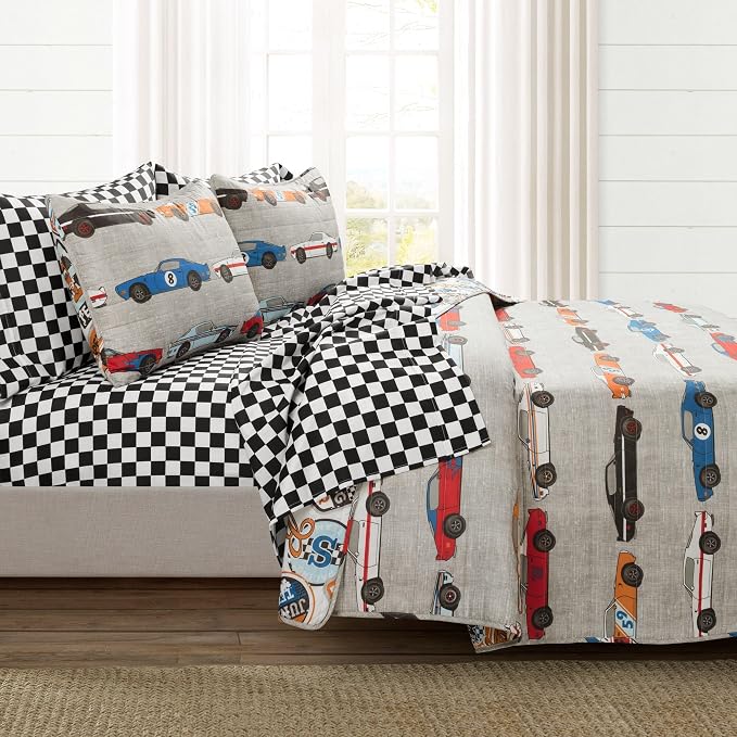 Lush Decor Race Car Kids' 5-Piece Oversized Quilt Bed Set, Reversible Bedding Set for Boys, Blue & Orange, Twin