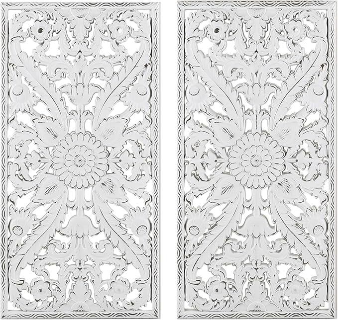Madison Park Wall Art Living Room Décor - Vintage Botanical Carved Wooden Panel Home Accent Bathroom Decoration Ready to Hang Frames for Bedroom, 15.75"W x 31.5"L x 0.59"D, White 2 Piece