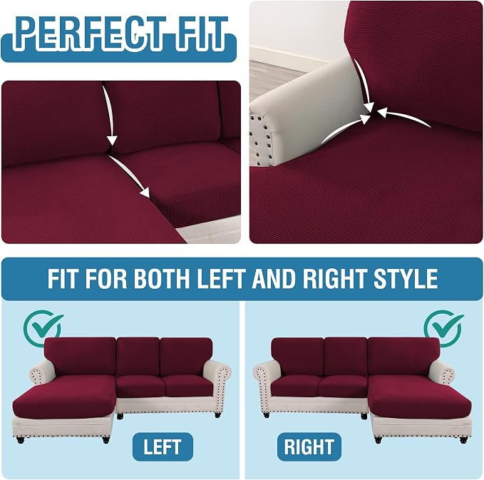 H.VERSAILTEX Sectional Couch Covers 6 Pieces Stretch Sofa Covers for Sectional Sofa Set Separate L Shaped Couch Cover for Both Left/Right Couch (Seat and Back: 1 Chaise + 2 Sofa, Burgundy)