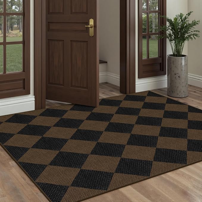 Rugalia Easy Jute Small Outdoor Patio Rug, 3x5 Coffee Checkered Entryway Rug Washable Modern Diamond Kitchen Rugs, Non-Slip Neutral Farmhouse Throw Carpet for Living Room Porch Backyard
