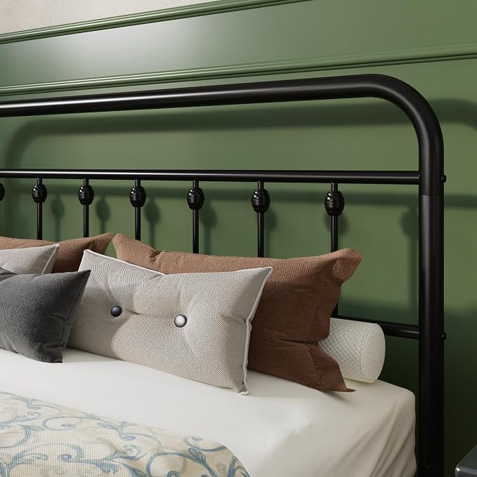 SHA CERLIN Queen Metal Bed Frame with Victorian Iron-Art Headboard, Black | Victorian Iron-Art Headboard and Footboard, Easy Assembly, Under Bed Storage, No Box Spring Required